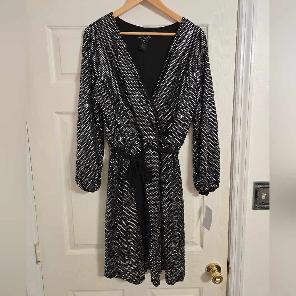 Alexa B Nites Faux Wrap Dress Black Sequin disco ball size 14W NWT - Picture 1 of 11